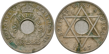 Британская Западная Африка 1/2 пенни 1947 H, Георг VI KM 18 медно-никель 25-1136