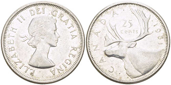 Канада 25 центов 1961 Елизавета II (1952-), олень KM 52 серебро 00-00