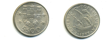 ПОРТУГАЛИЯ 5 ЭСКУДО 1977 ПАРУСНИК KM 591 медно-никель 176-242