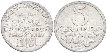 ФРАНЦИЯ 5 САНТИМОВ 1920 НИЦЦА, ТОКЕН, НОТГЕЛЬД алюминий 4516-644