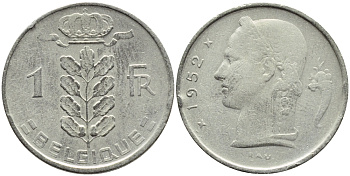 БЕЛЬГИЯ 1 ФРАНК 1952 BELGIQUE KM 142.1 медно-никель 4388-116