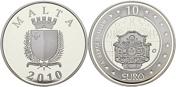 Мальта 10 евро 2010 серия культурное наследие, резиденция рыцарей Мальтийского ордена KM NEW серебро PROOF 11-165-41
