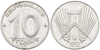 ГДР 10 пфеннигов 1953 Е KM 7 алюминий 175-252