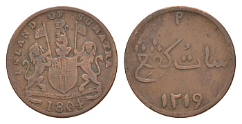 Британская Ост-Индия, Суматра 1 пайс (кепинг) 1804 Эти монеты не были официальной валютой какого-либо государства. Впервые они были выпущены в начале XIX века британскими купцами в Сингапуре для решения проблемы дефицита разменных монет, а затем распростр