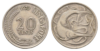 Сингапур 20 центов 1970 голубой марлин, тунец KM 4 медно-никель 4511-627