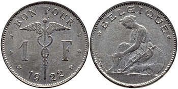 Бельгия 1 франк 1922 Belgique, Альберт I (1910-1934) KM 89 никель 86-1842