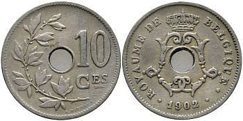 БЕЛЬГИЯ 10 САНТИМОВ 1902 BELGIQUE KM 48 медно-никель 4379-1013