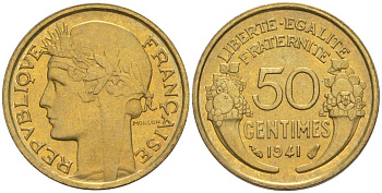 ФРАНЦИЯ 50 САНТИМОВ 1941 ТИП MORLON KM 894.1, LE FRANC 192.18 алюминиевая бронза 44-421