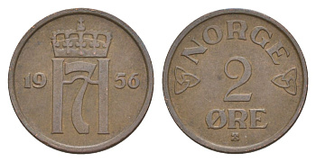 Норвегия 2 эре 1956 Хокон VII (1905-1957) KM 399 бронза 4635-331