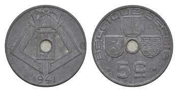 Бельгия 5 сантимов 1941 Belgique - Belgie, Леопольд III (1934-1947), германская оккупация, Вторая мировая война KM 123 цинк 4640-1116
