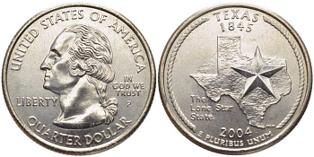 США 25 центов = квотер 2004 P, серия штаты США, Техас KM 357 медь плакированная медно-никелем UNC M50-01