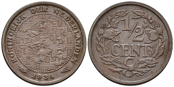 Нидерланды 1/2 цента 1934 Вильгельмина (1890-1948) KM 138 бронза    4169-242