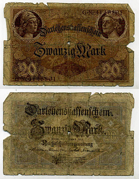 ГЕРМАНИЯ 20 МАРОК 1914 7 значный номер Pick 48 b бумага 6283-54-1