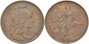ФРАНЦИЯ 10 САНТИМОВ 1899 ТИП ДАНИЭЛЬ ДЮПЮИ KM 843, LA FRANC 136.8 бронза 109-125