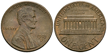 США 1 цент 1985 D, Линкольн KM 201b цинк плакированный медью 4136-259