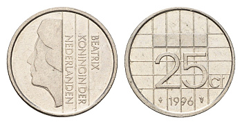 Нидерланды 25 центов 1996 Беатрикс (1980-2013) KM 204 никель 206-662