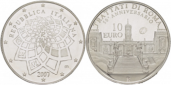 Италия 10 евро 2007 50 лет Римскому договору KM 295 серебро PROOF 01-143-23