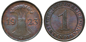 Германия 1 рентенпфенниг 1923 G KM 30, J. 306 бронза UNC 72-1165