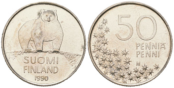 Финляндия 50 пенни 1990 M, полярный медведь KM 66 медно-никель aUNC 96-637
