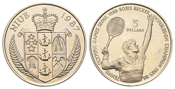 Ниуэ 5 долларов 1987 XXIV летние Олимпийские Игры, Сеул 1988 - Теннис, Борис Беккер KM 1 медно-никель BU 11-057-15