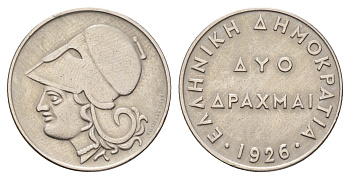 Греция 2 драхмы 1926 Афина в коринфском шлеме, год-тип KM 70 медно-никель 4670-133