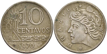 БРАЗИЛИЯ 10 СЕНТАВО 1970 РЕФОРМА 1967-1985, ГОЛОВА СВОБОДЫ ВЛЕВО KM 578.2 медно-никель 36-554