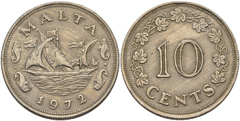 Мальта 10 центов 1972 баржа Великого магистра KM 11 медно-никель 82-541