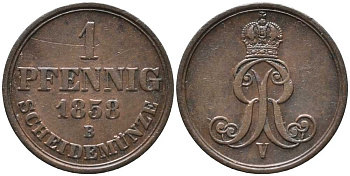 ГАННОВЕР 1 ПФЕННИГ 1858 В, ГЕОРГ V (1851-1866) KM 233 медь 4448-1033