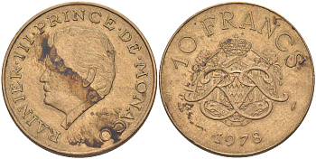 Монако 10 франков 1978 Ренье III (1949-2005) KM 154 медь никель алюминий 190-556