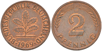 ФРГ 2 пфеннига 1969 F KM 106а, J. 381а сталь плакированная медью 55-1224