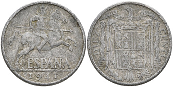 Испания 10 сентимо 1941 ВСАДНИК, Франсиско Франко (1939-1975) KM 766 алюминий 4571-1113