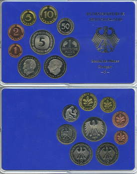 ФРГ набор из 9 монет 1977 F, официальный государственный набор, в пластике    PROOF  3540-1-2