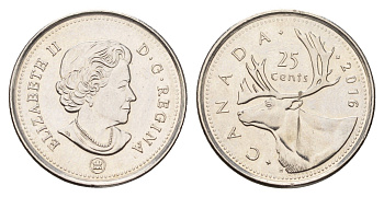 Канада 25 центов 2016 Елизавета II (1952-2022), олень KM 493 сталь плакированная никелем 4678-1217