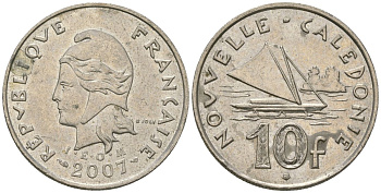 Французская Новая Каледония 10 франков 2007 рыбачья парусная лодка, (IEOM) KM 11a, Schoen 13a, Lec 99k медно-никель 56-656