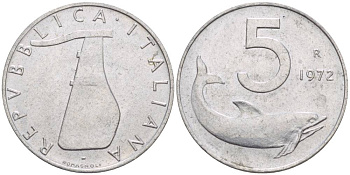 ИТАЛИЯ 5 ЛИР 1972 R, ДЕЛЬФИН, РУЛЬ KM 92 алюминий 4551-125