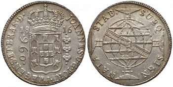 Бразилия 960 рейс 1816 В, монетный двор Бахия (Bahia), перечекан, патина, Жоао принц-регент (1799-1818) KM 307.1 серебро 00-814-66