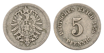 Германия 5 пфеннигов 1876 F, Вильгельм I (1871-1888) KM 3, J. 3 медно-никель 4632-668