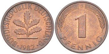 ФРГ 1 ПФЕННИГ 1982 D KM 105, J. 380 сталь плакированная медью 4181-648