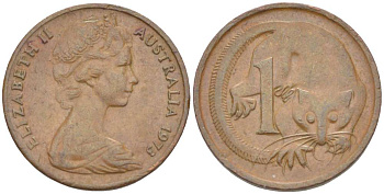 Австралия 1 цент 1973 Елизавета II (1952-2022), молодой портрет, опоссум KM 62 бронза 4516-631