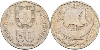 Португалия 50 эскудо 1986 парусник KM 636 медно-никель 4572-1122