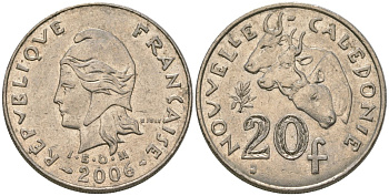 Французская Новая Каледония 20 франков 2006 три быка, (IEOM) KM 12a, Schoen 14a медно-никель 4131-814