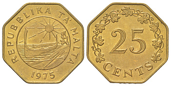 Мальта 25 центов 1975 KM 29 латунь UNC 4624-521