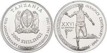 Танзания 2000 шиллингов 1996 XXVI Олимпийские игры 1996 года в Атланте, 100 лет Олимпийскому движению, финиш пробник, рубчатый гурт алюминий PROOF 06-156-34