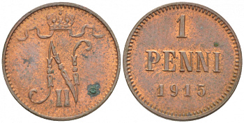 РОССИЯ ДЛЯ ФИНЛЯНДИИ 1 ПЕННИ 1915 НИКОЛАЙ II KM 13, Биткин 475 медь 4396-1439