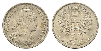 Португалия 50 сентаво 1967 голова Свободы вправо KM 577 никель латунь 4659-648