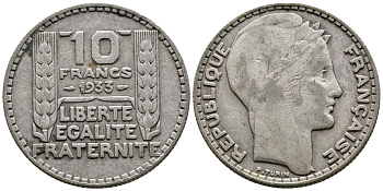 Франция 10 франков 1933 Пьер Тюрен KM 878, Le Franc 360.6 серебро 61-637