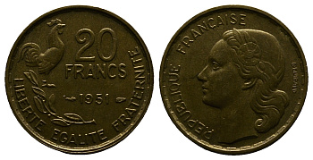 ФРАНЦИЯ 20 ФРАНКОВ 1951 ПЕТУХ, 4 ПЕРА KM 917.1, LE FRANC 402.7 алюминивая бронза 261-824