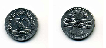 ГЕРМАНИЯ 50 ПФЕННИГОВ 1920 D KM 27, J. 301 алюминий 29-354