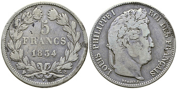 Франция 5 франков 1834 Q, Луи Филипп I (1830-1848) KM 749.11 серебро 1066-6-41