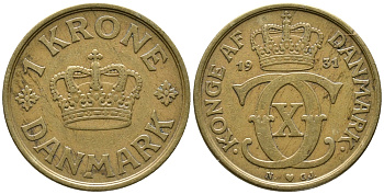ДАНИЯ 1 КРОНА 1931 N; GJ, КРИСТИАН X (1912-1947) KM 824.2 алюминиевая бронза 32-311